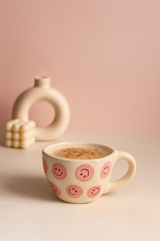 Smiley sips mug